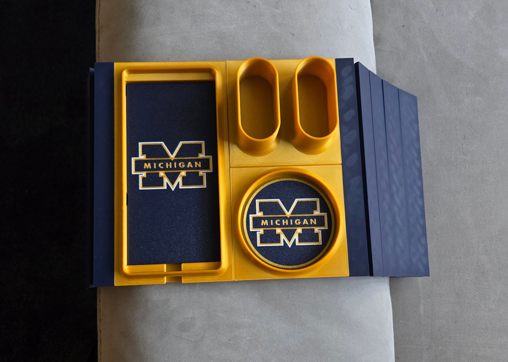 Blue and yellow box with a logo on a gray surface